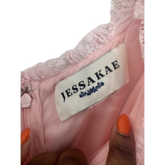 JessaKae Pink Elegant Dainty Delicate Coquette Giupure Lace Mia Midi Dress - Picture 3 of 13